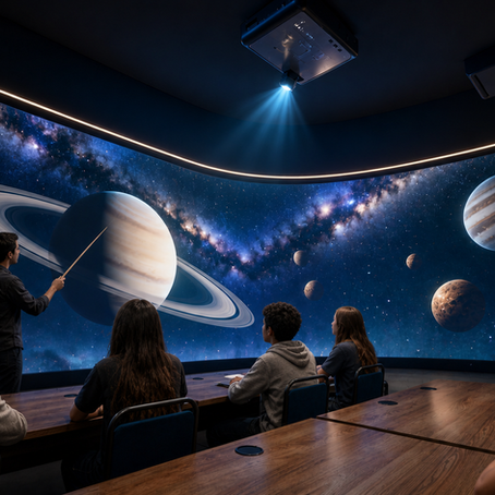 students learning in immersive classroom with solar system projection and 360 degree immersive environment