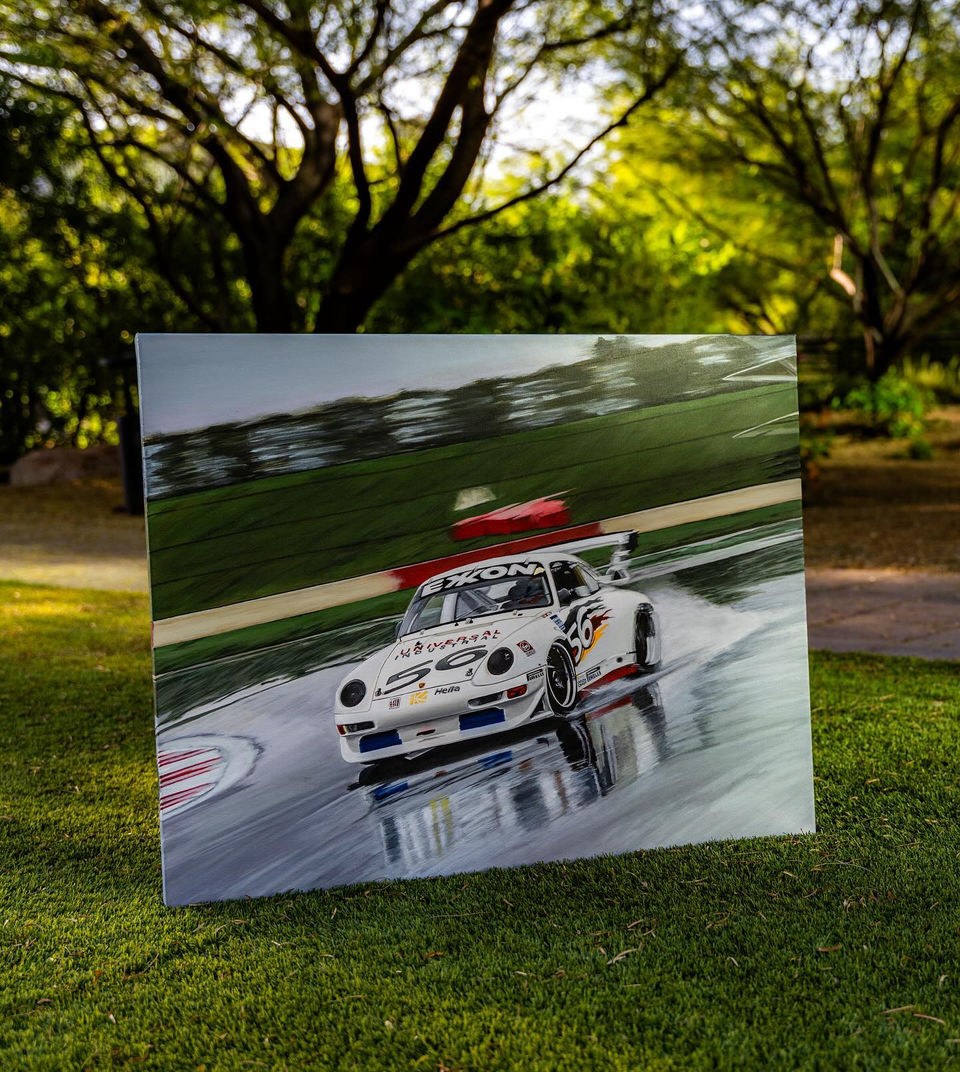 Finished Sunni Combs Original Painting, "racing in the rain" Porsche 993 GT2 on wet tarmac