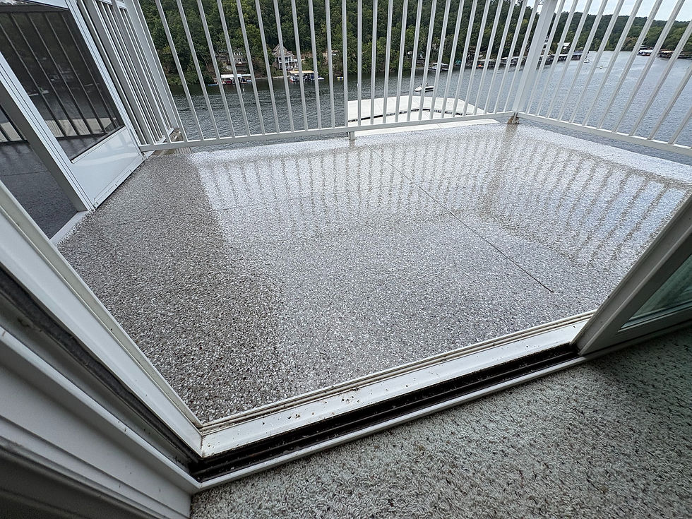 Indoor outdoor flake epoxy patio after coating — first angle completed result, Combs Custom Concrete
