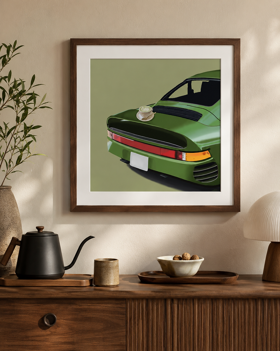 Framed Matcha 959 automotive art print displayed above a walnut console in a warm Japandi inspired interior