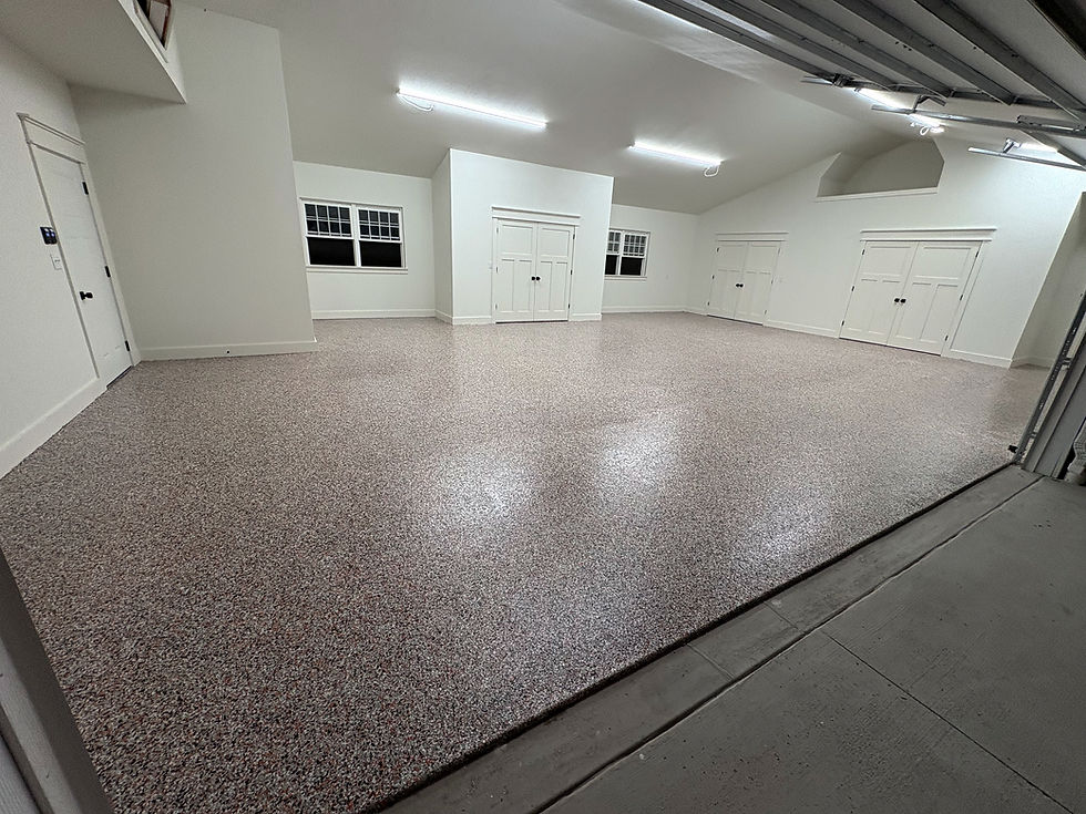 Large residential garage flake epoxy floor coating — completed installation, Combs Custom Concret