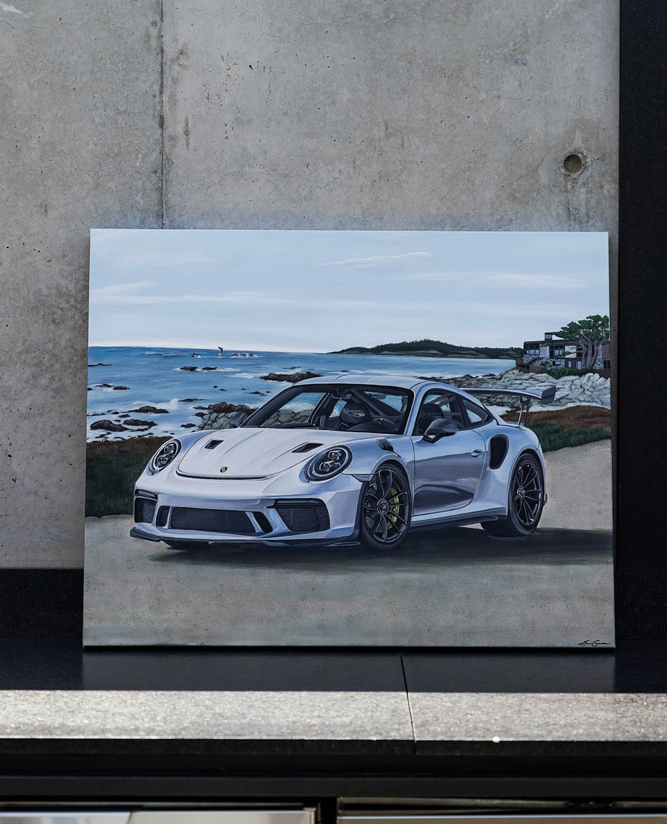 991.2 GT3RS in GT Silver in Monterey - complete one-of-one acrylic painting by Automotive artist, Sunni Combs