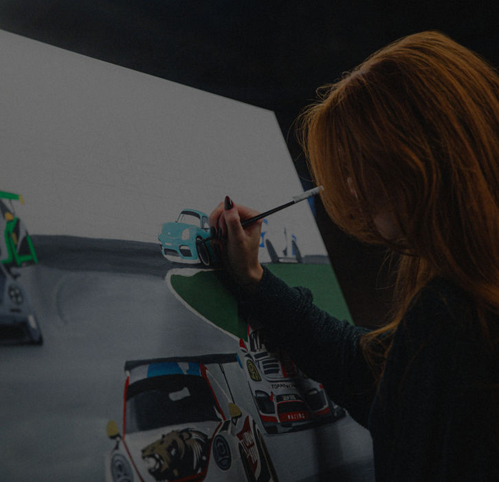 Sunni Combs painting large scale motorsport acrylic commission live at warehouse event in Mesa Arizona