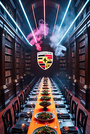 Cena exclusiva de Porsche en una biblioteca con iluminación futurista – Mesa alargada con decoración de lujo en una biblioteca clásica, con el logo de Porsche iluminado y efectos de humo en tonos azules y rosas.