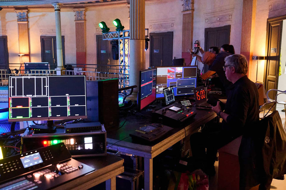 Production booth – Sound and lighting equipment managing the event in real time.