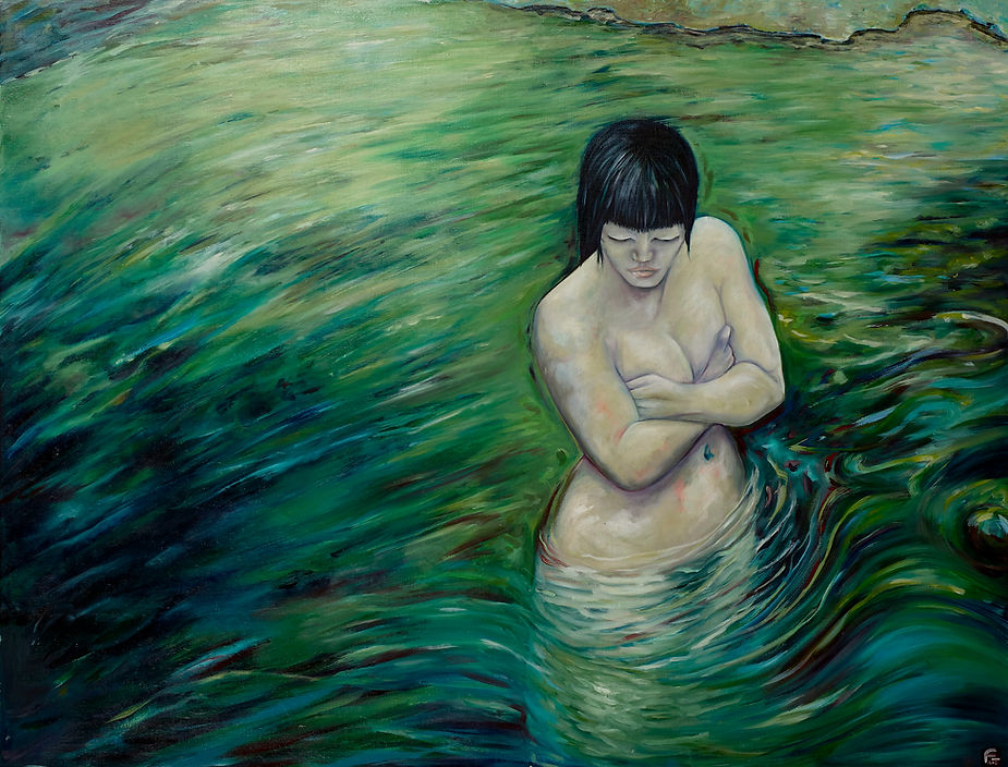 La dame du lac – nu féminin  pénétrant dans un paysage aquatique – eau verte peinture figurative symbolique Frédérique Torres