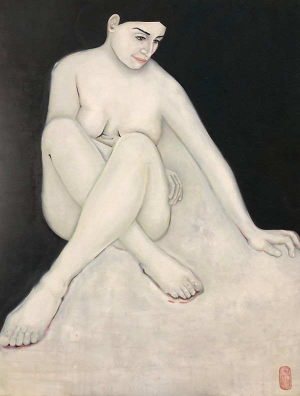 Yin yang– portrait féminin blanc nu sur fond noir – peinture figurative symbolique Frédérique Torres