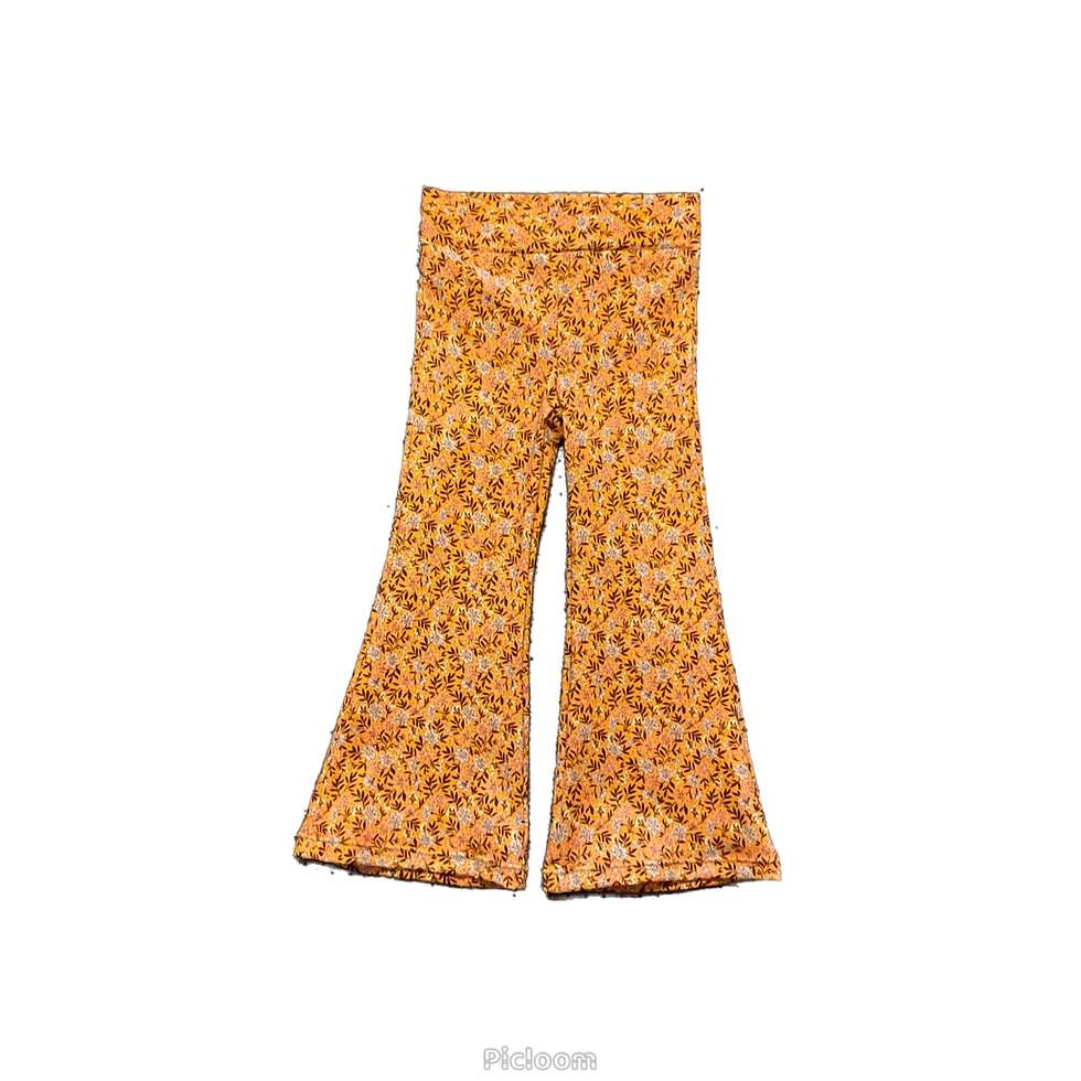 Oranje broek met bloemenprint, Flared, bloemen. www.miskmask.nl, stijlvolle kleding.