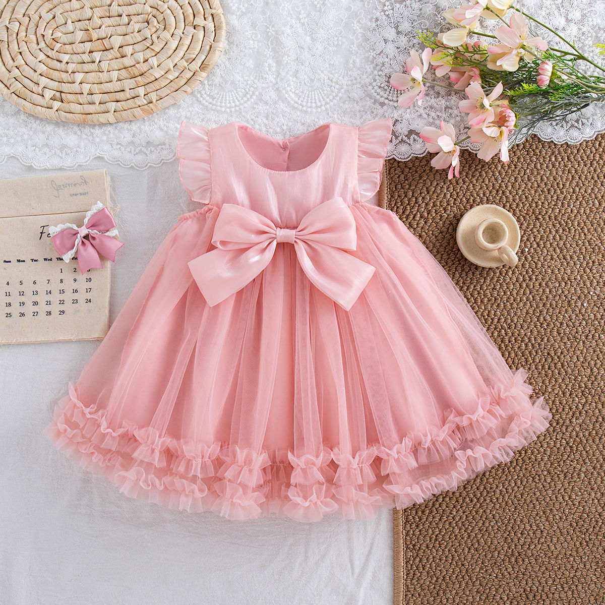 Summer New Sweet Bow Baby Girl Princess Dress, Solid Color Chiffon Children'S Cl