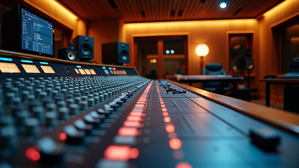 Eye-level view of a modern recording studio control room with mixing equipment