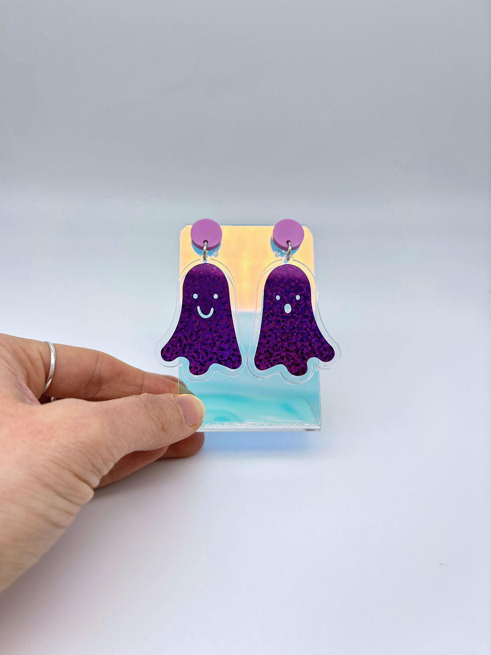 Thumbnail: Holographic Ghost Earrings - Violet Shimmer