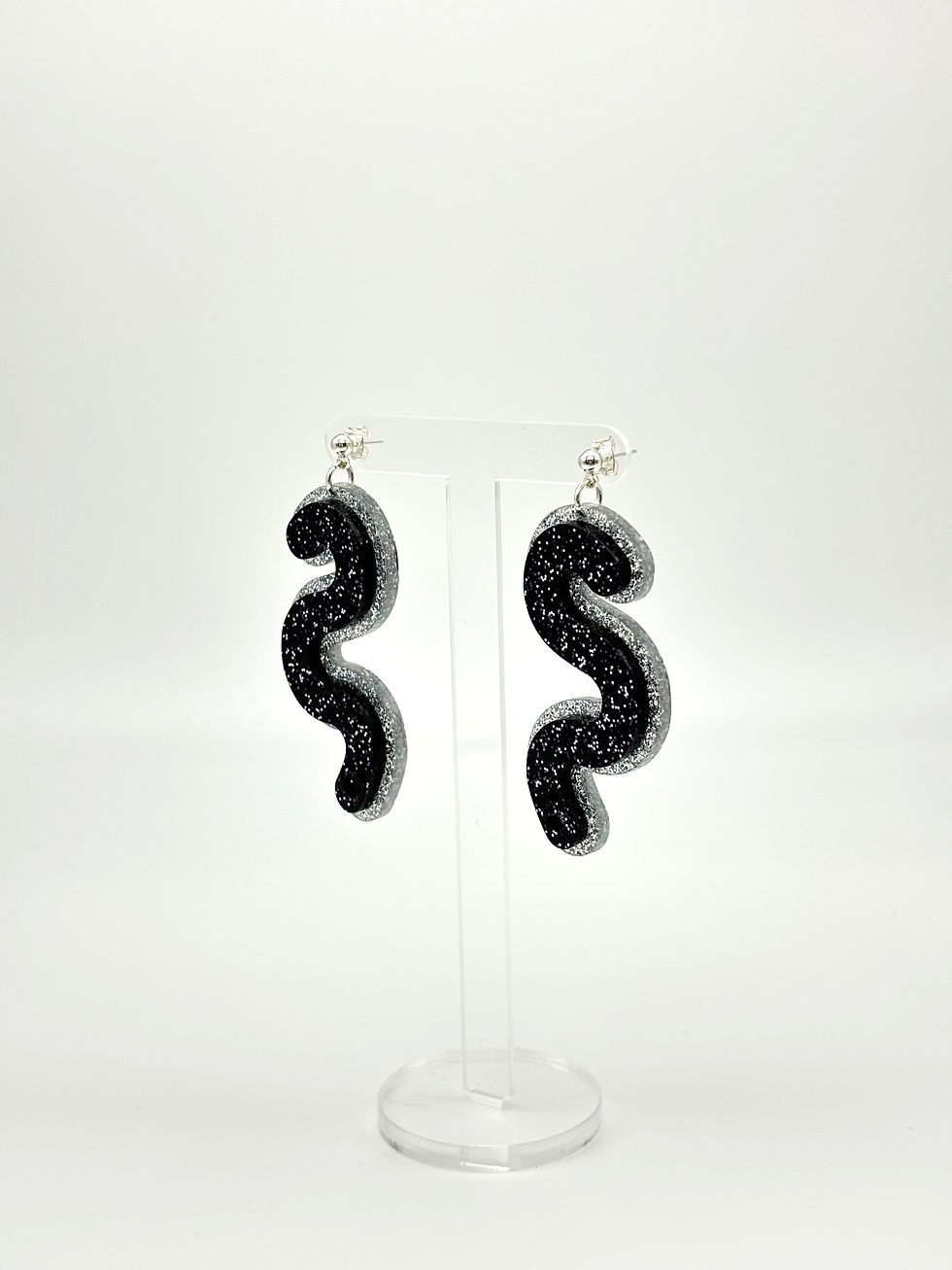 Thumbnail: Layered Silver & Black Glitter Acrylic Worm Ball Stud Earrings