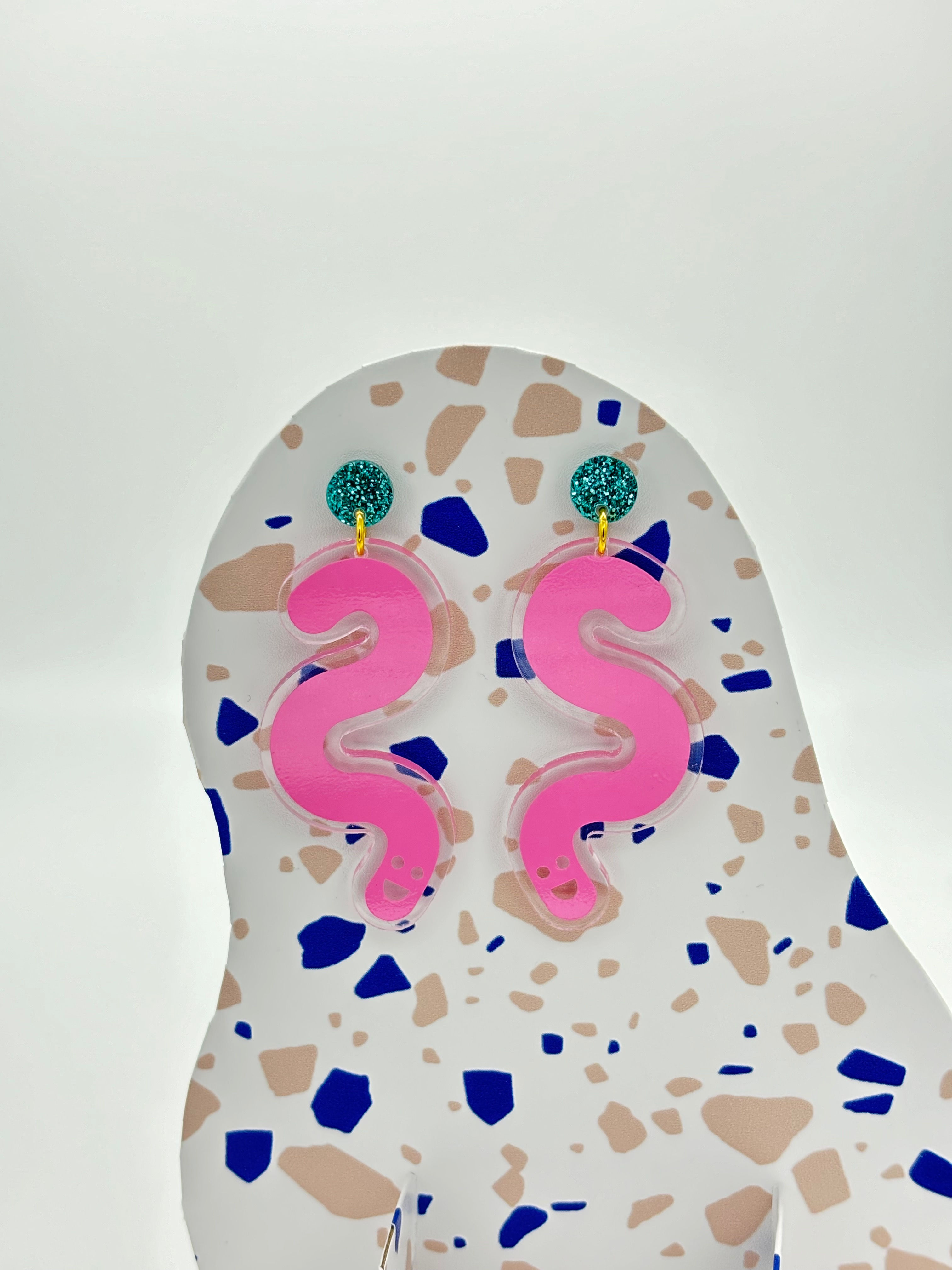 Vinyl Worm Glitter Stud Dangle Earrings - Teal & Baby Pink