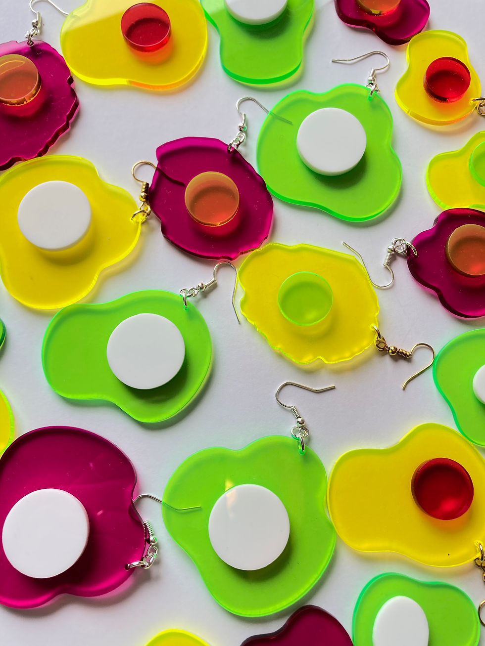 Thumbnail: Neon Fluorescent Fried Egg Earrings - Big Yellow Wiggly Eggs