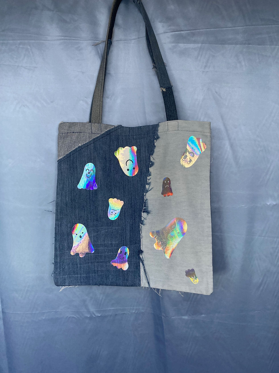 Thumbnail: Denim Patchwork Ghost Tote Bag