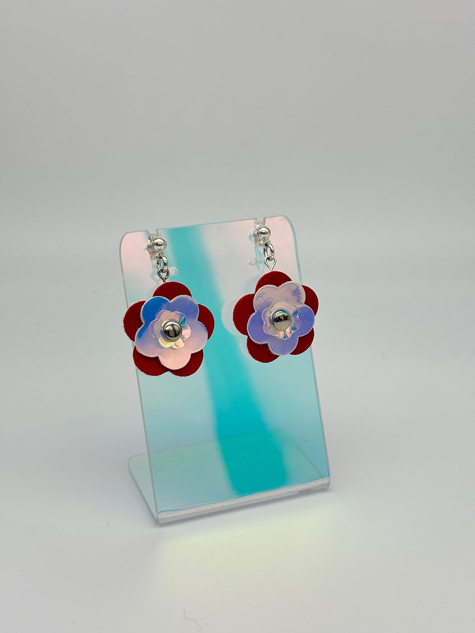 Thumbnail: Mini Punk Flower Earrings - Red & Iridescent