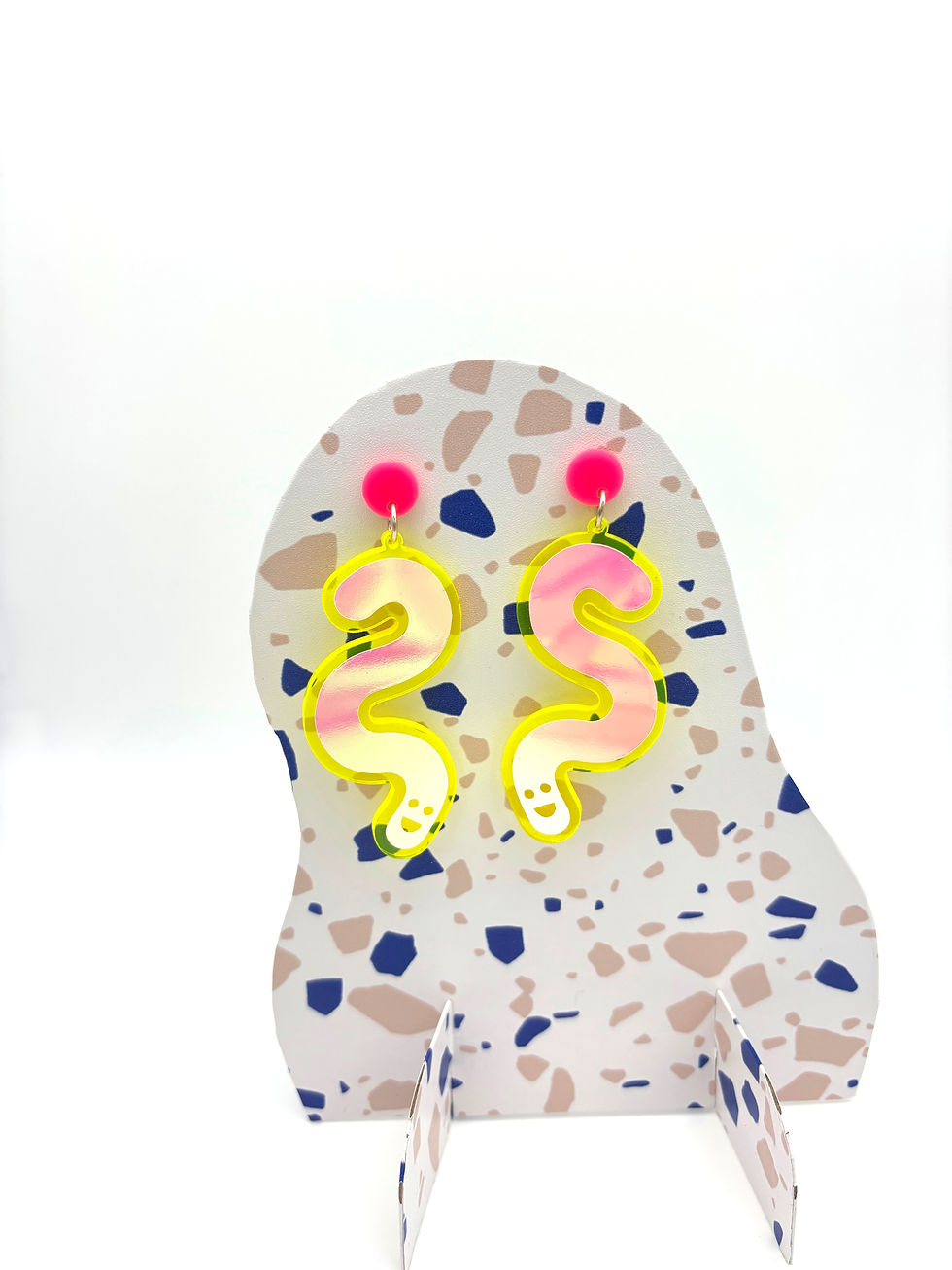 Thumbnail: Vinyl Worm Stud Dangle Earrings - Pink & Candy Aurora Fluro