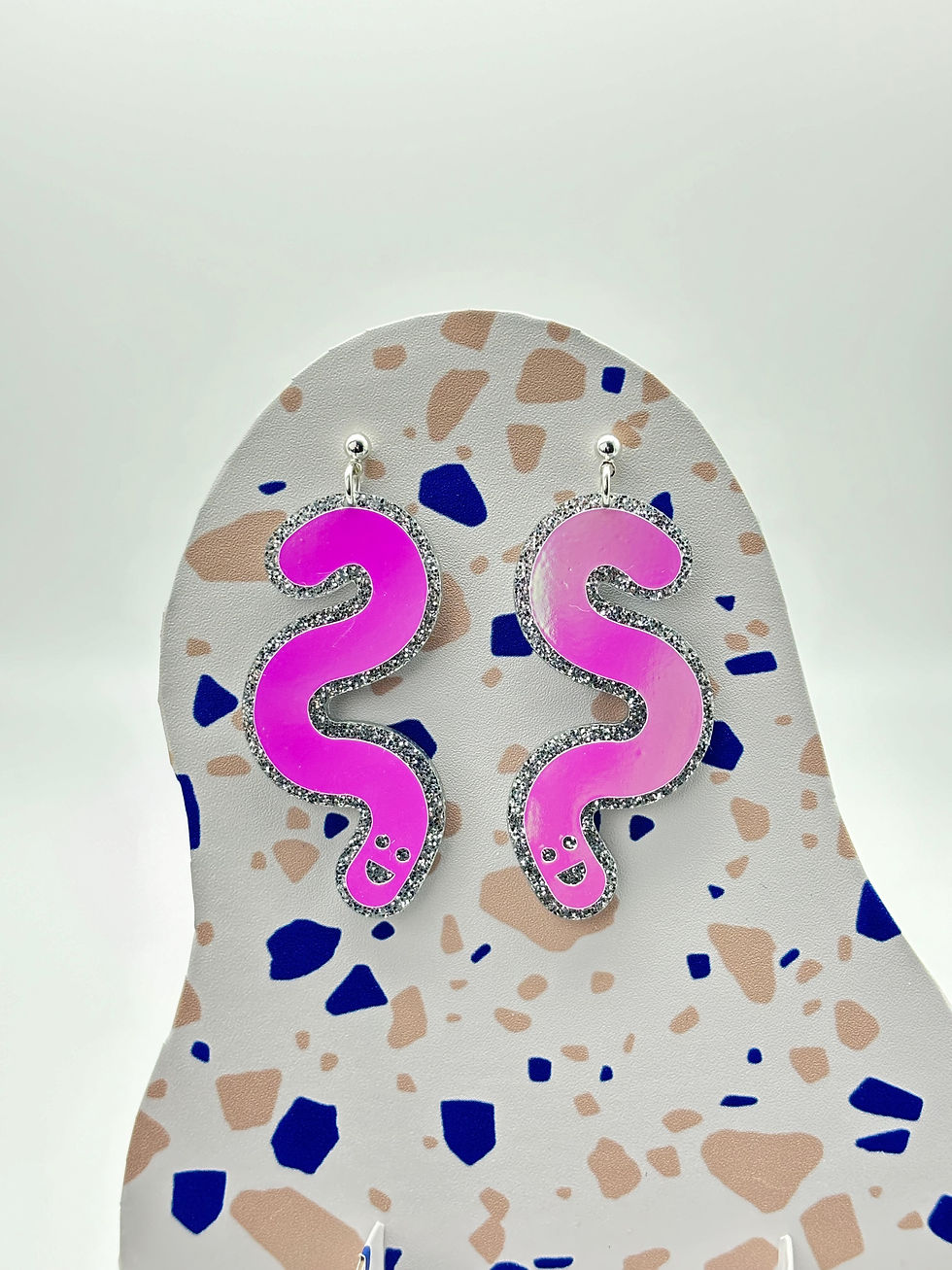 Thumbnail: Glitter & Vinyl Worm Ball Stud Dangle Earrings - Candy Aurora