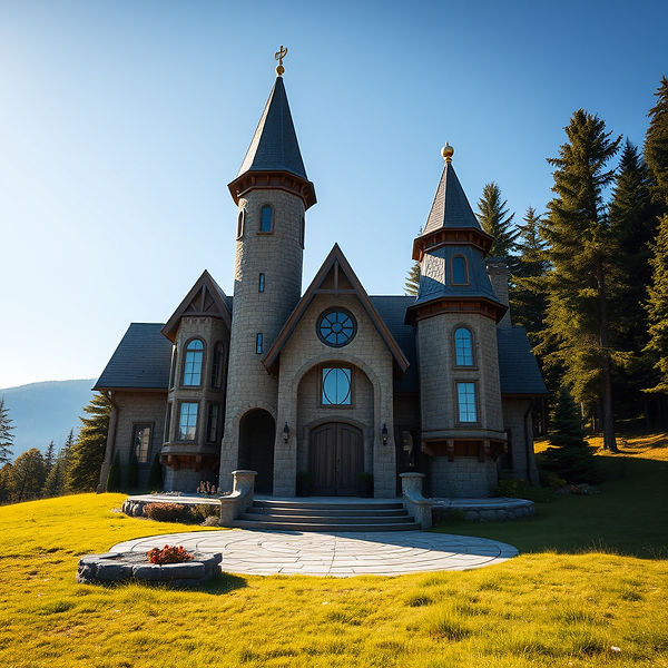 large woodland well-lit fantasy house with THREE  towers, smallest tower is bronze capped,