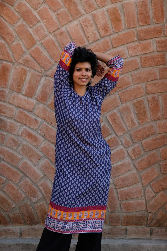 Thumbnail: Kumbaya: Navy Blue White Butis Long Kurta Close Frontal View