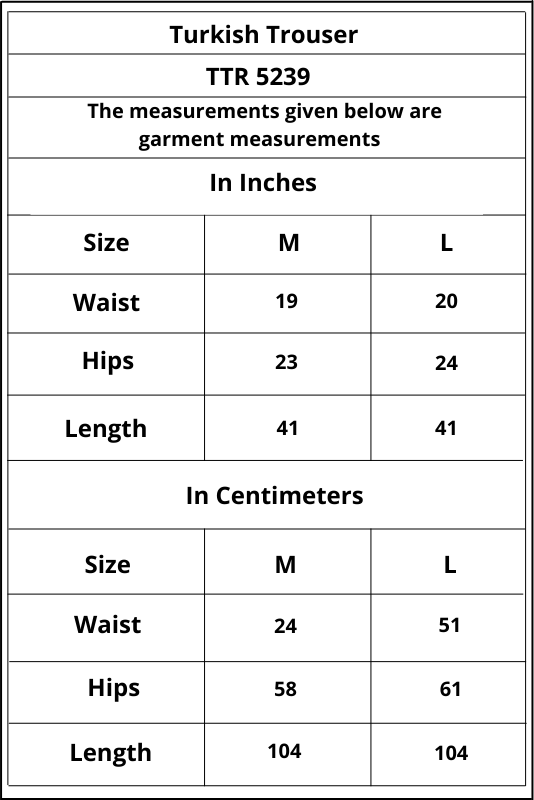 Thumbnail: Kumbaya: Turkish Trousers TTR 5239 Size Chart