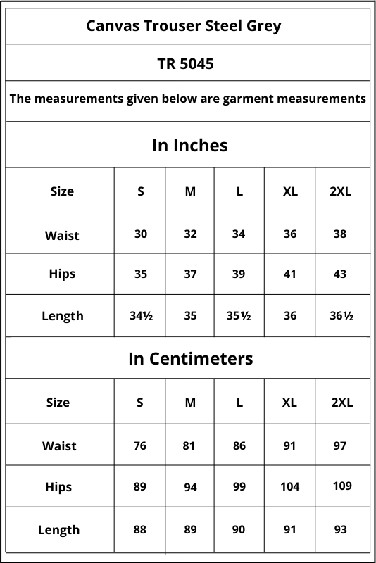 Thumbnail: Kumbaya: Steel Grey Canvas Trousers Size Chart