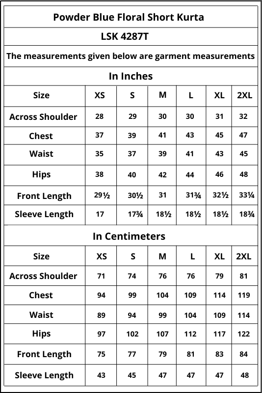 Thumbnail: Kumbaya: Powder Blue Floral Short Kurta Size Chart