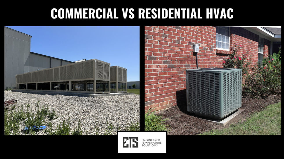 Side-by-side comparison image showing a large commercial HVAC rooftop unit on the left and a smaller residential air conditioning unit on the right, illustrating the difference between commercial and residential HVAC systems.