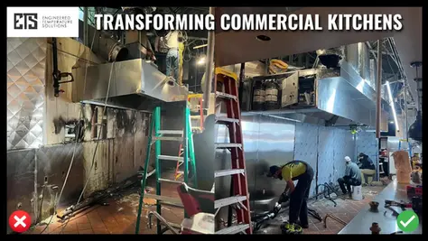 Workers renovating a commercial kitchen with CaptiveAire systems, metal ducts, ladders, and tools. Text reads "Transforming Commercial Kitchens." Energetic setting.