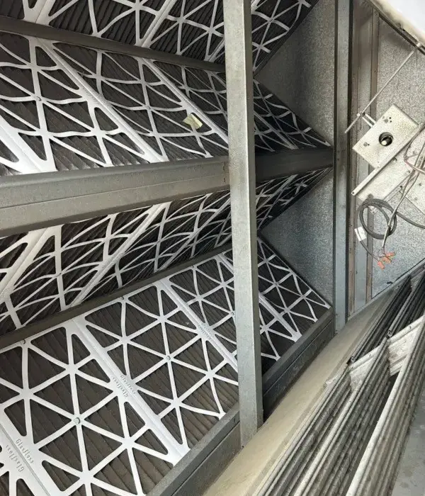 Commercial HVAC filtration system with high-efficiency air filters installed