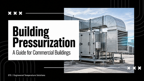 Cover showing rooftop HVAC unit beside title, Building Pressurization: A Guide for Commercial Buildings, with ETS logo.