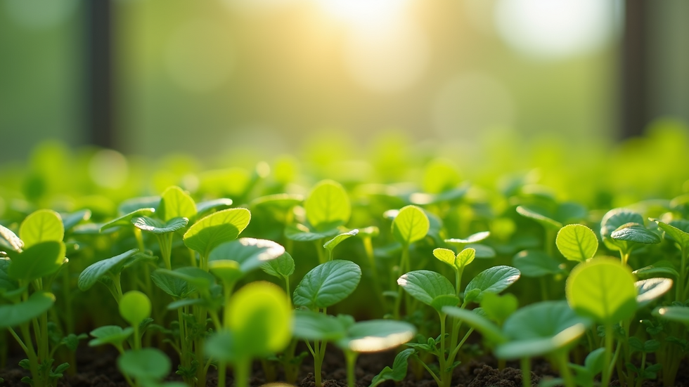 Close-up view of vibrant green microgreens in a sunny indoor setting