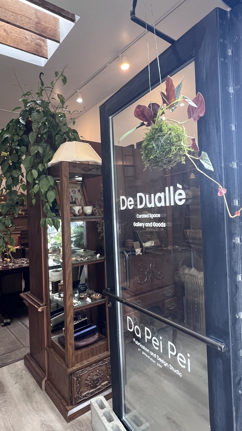 The front door of De Duallè, with hanging plants and the shop name on the glass.