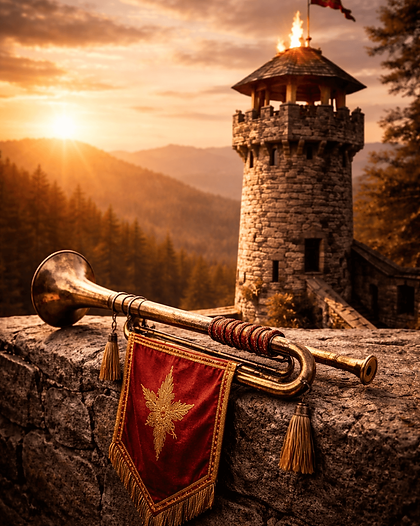The Sentinel a lone sword standing before a watchtower at dusk