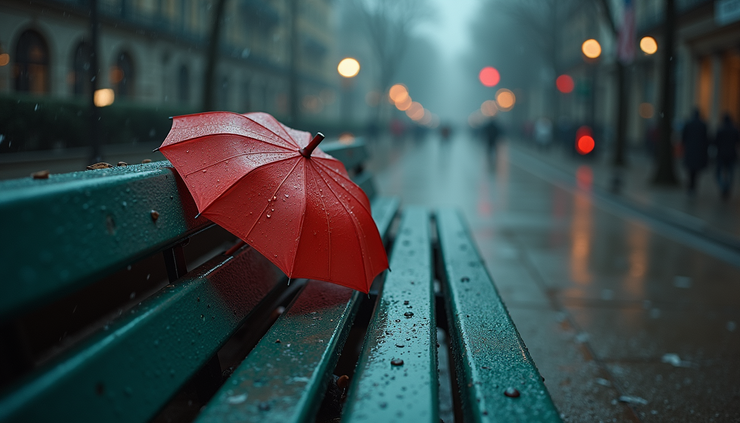 High angle view of a single umbrella left on a bench in the rain