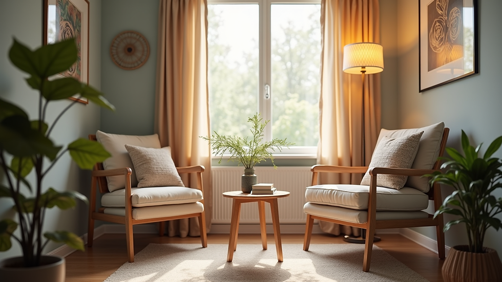 Eye-level view of a cozy therapy office with a comfortable chair and soft lighting