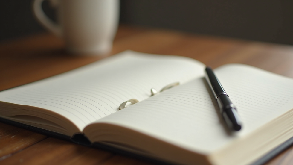 Close-up view of a calm therapy journal with a pen on a wooden table