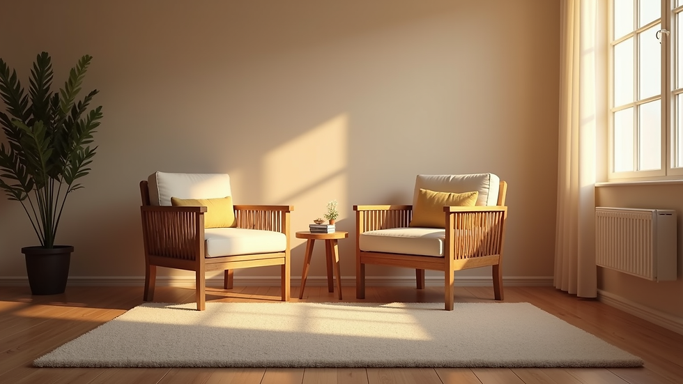 Eye-level view of a cozy therapy room with two chairs and soft lighting