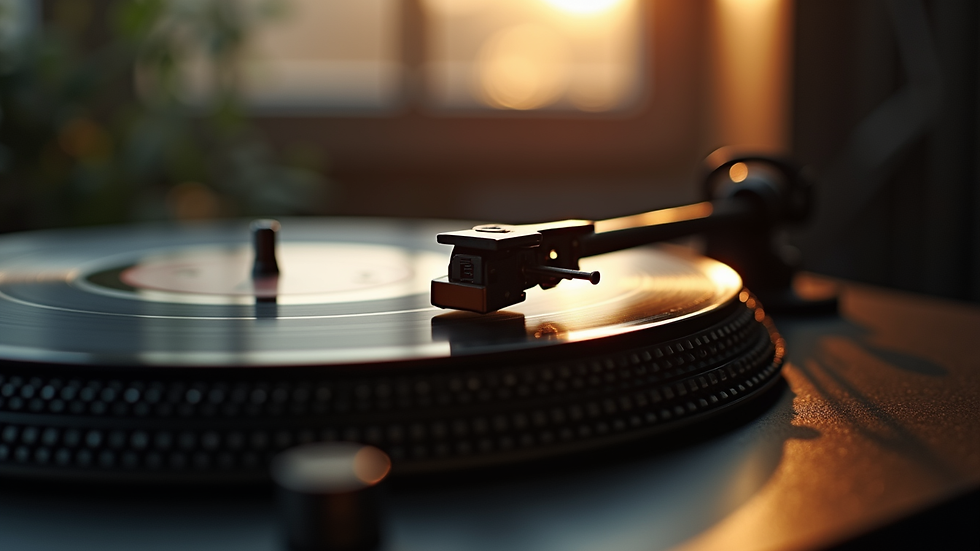 Close-up view of a vinyl record spinning on a turntable