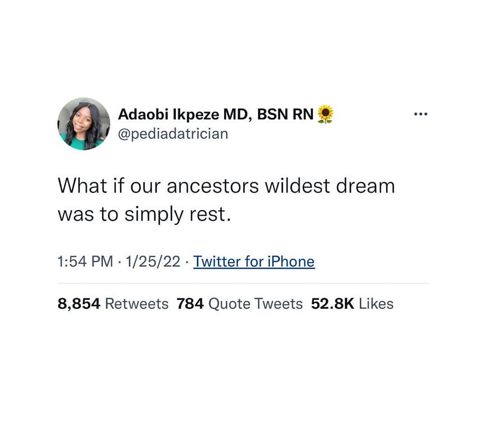 Screenshot of tweet that says, "What if our ancestors wildest dream was to rest."