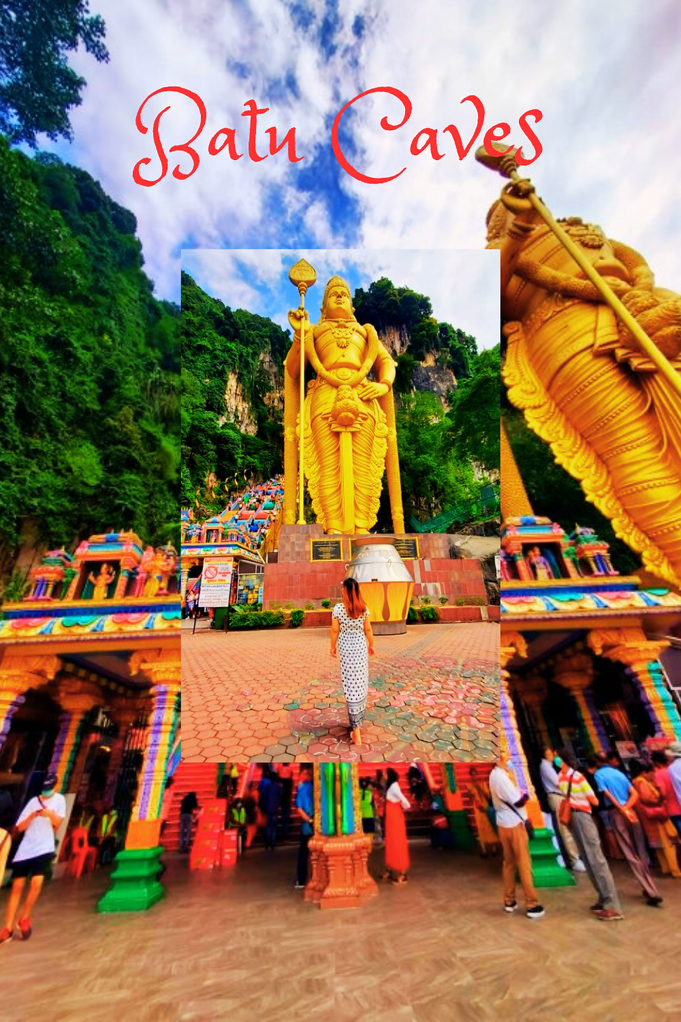 A vibrant view of Batu Caves, showcasing the towering golden statue of Lord Murugan amidst lush greenery and colorful temple architecture, with visitors exploring the iconic landmark.