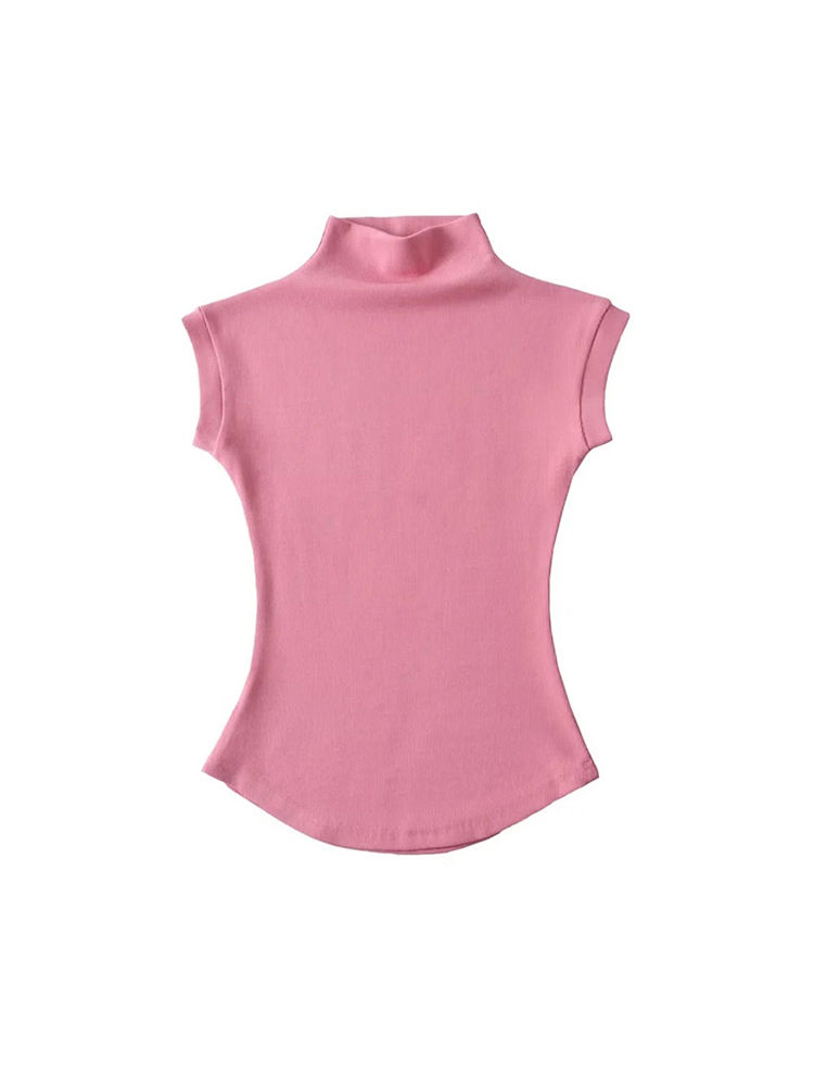 Miniatura: Blusa feminina de verão sexy de gola alta, sem mangas, lisa, justa, estilo