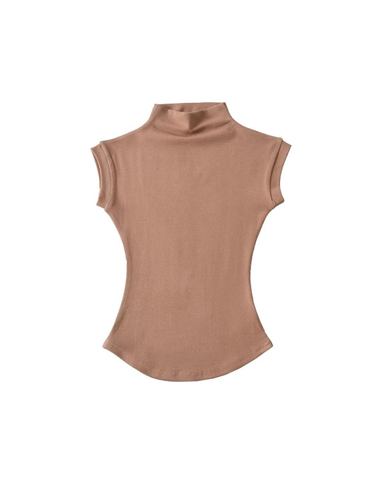 Miniatura: Blusa feminina de verão sexy de gola alta, sem mangas, lisa, justa, estilo