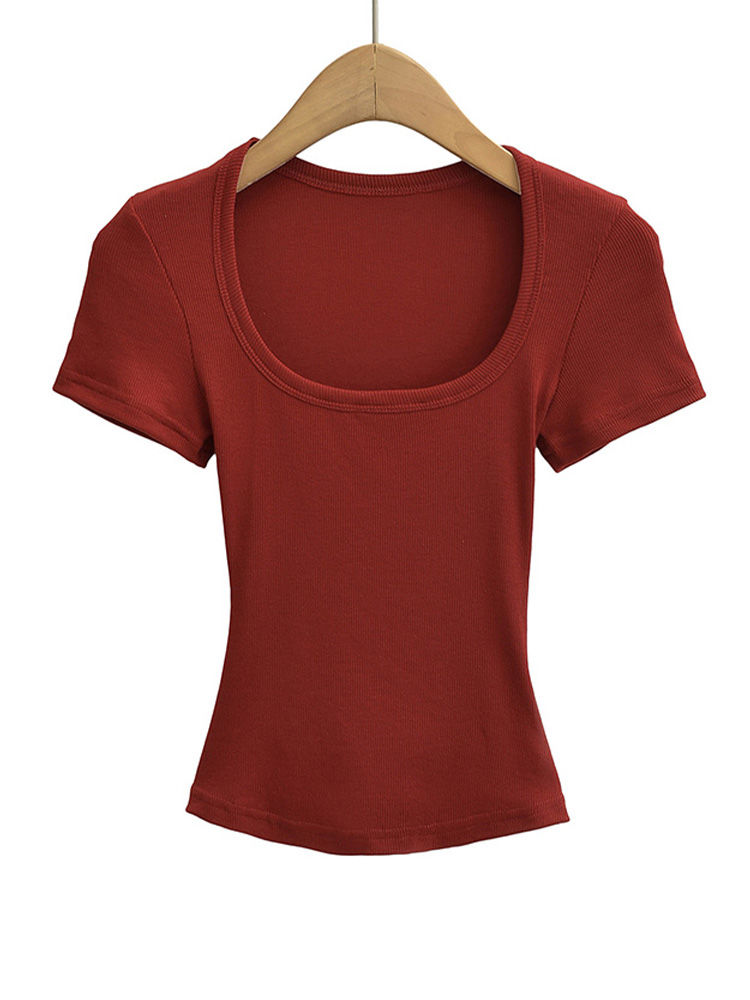 Miniatura: Blusa cropped feminina justa com gola quadrada, manga curta e alta elasticidade,