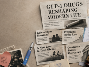 Collage of newspaper clippings on GLP-1 drugs, obesity, premiums and court battles beside a blue pen, gavel, and note on beige desk.