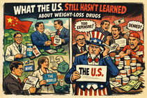Comic-style image of Uncle Sam, frustrated, surrounded by medicine bottles labeled "The U.S." with people in background holding signs like "Price Cut" and "Too Expensive."