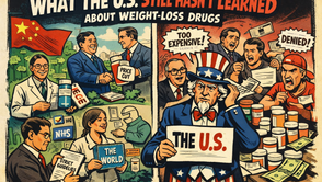 Comic-style image of Uncle Sam, frustrated, surrounded by medicine bottles labeled "The U.S." with people in background holding signs like "Price Cut" and "Too Expensive."