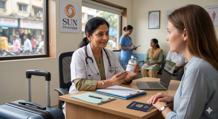 Doctor in a white coat shows medication to a patient in a clinic. Luggage and passport on table, Sun Pharma logo in the background.