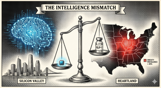 A scale with a brain chip and GLP-1 vial balances Silicon Valley and a U.S. map, highlighting obesity in the Heartland. Text: The Intelligence Mismatch.