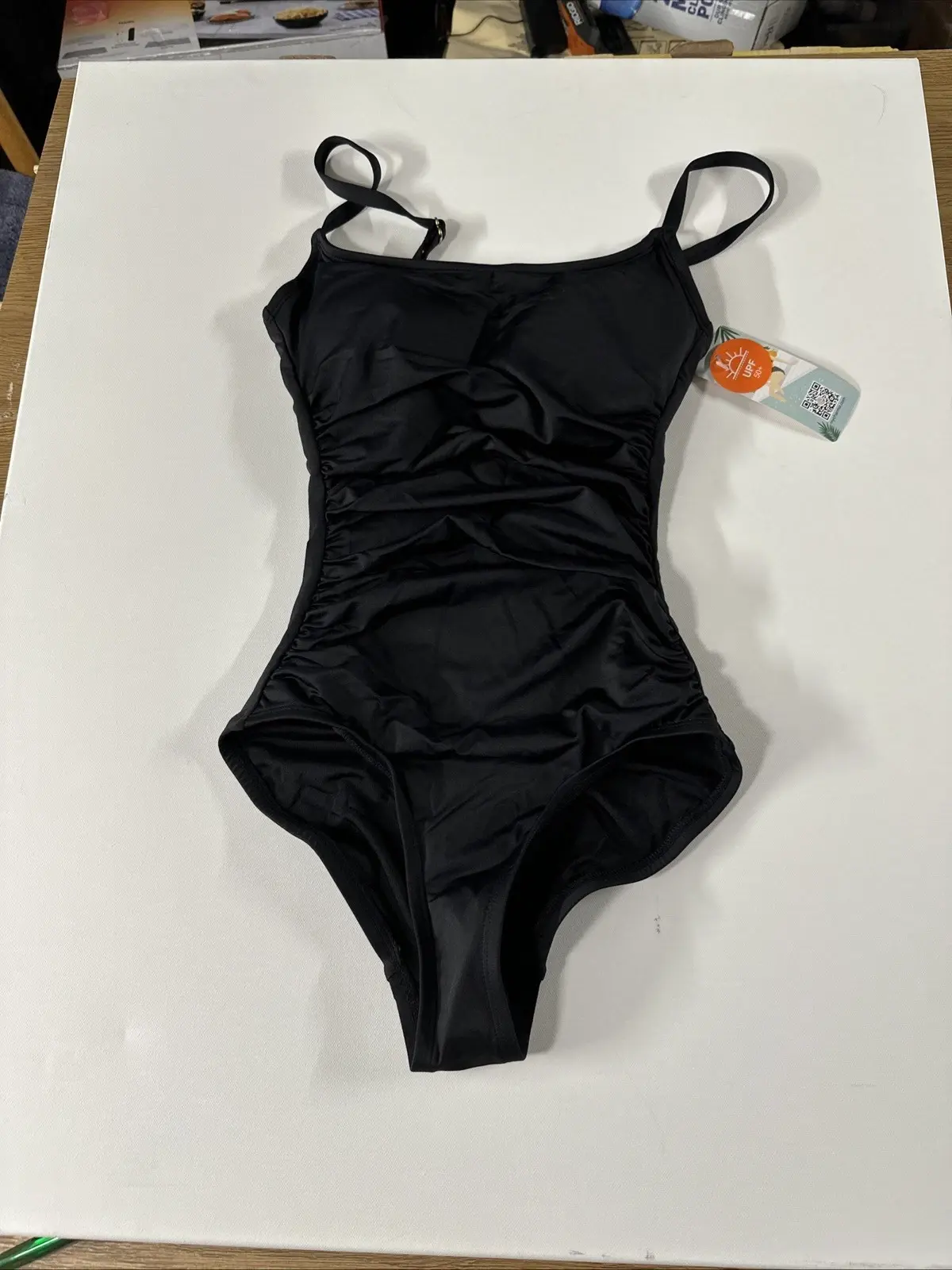 Shade & Shore Swimsuit One Piece Smoothing Scoop Neck Shirred Unlined Black